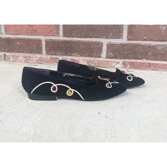 vintage 80s COLORFUL JEWELS black suede pointy FLATS unique avant garde rainbow - Picture 4 of 10